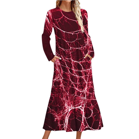 WFJCJPAF 2024 New Halloween Clearance! Halloween Dresses for Women Plus Size,Women's Fashion Casual Printed Long Sleeve Round-Neck Dress - Red M
