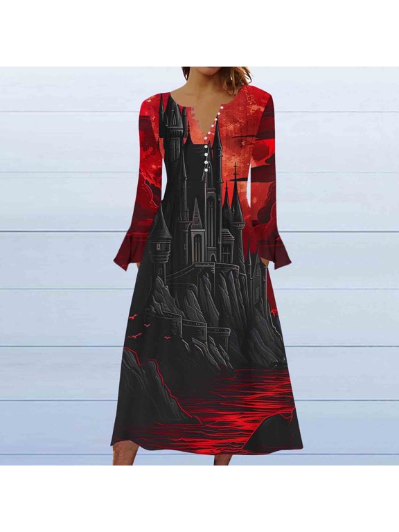 2025 New Halloween Halloween Dresses for Women Short,Women's Fashion Printed Casual Long Sleeve V-Neck Dress - Red M