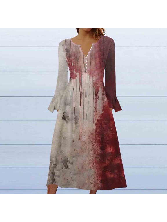 2025 New Halloween Halloween Dresses for Women,Women's Fashion Printed Casual Long Sleeve V-Neck Dress - Wine S