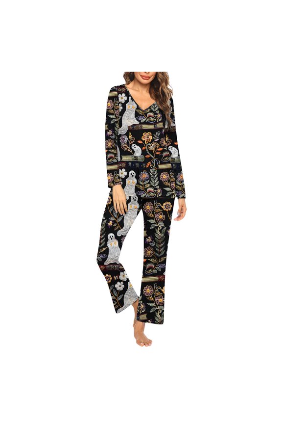 2026 New 2026 ! 2026 Pajamas Adult,Ladies' 2026 Printed Casual Long Top And Pants Pajama Set - Black S