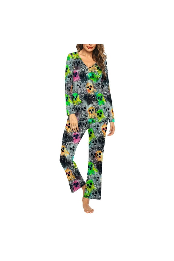 2025 New Halloween Halloween Pajamas for Women Plus Size,Ladies' Halloween Printed Casual Long Top And Pants Pajama Set - Green XXXL