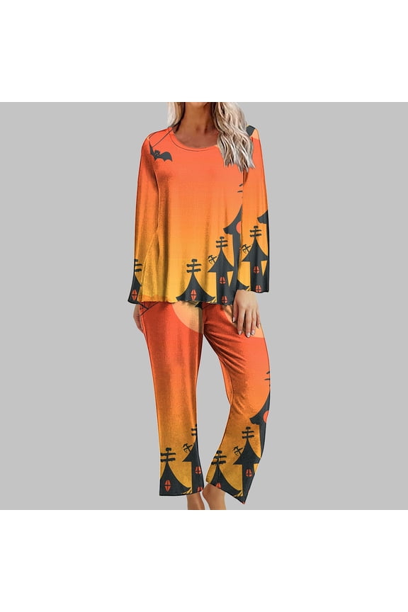 2025 New Halloween Halloween Pajamas Women Plus,Women Fashion Non Positioning Printed Round Neck Long Sleeved Long Pants Sets,Halloween Pajamas Women - Orange L