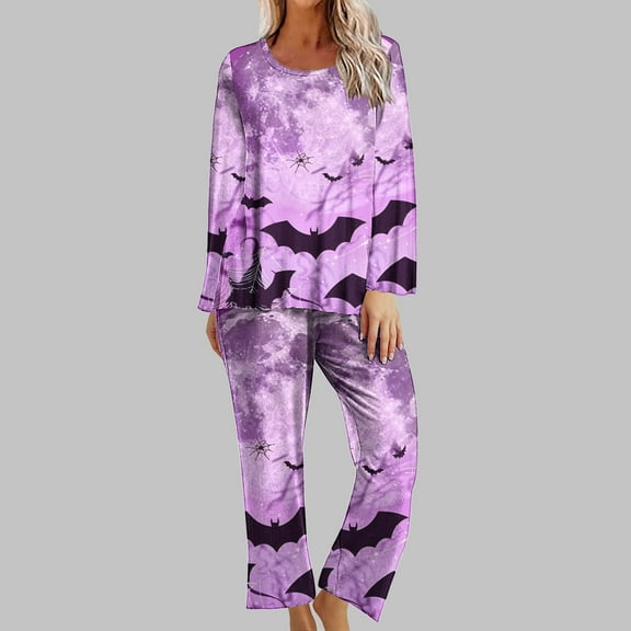 WFJCJPAF 2025 New Halloween Halloween Pajamas Women Short Set,Women Fashion Non Positioning Printed Round Neck Long Sleeved Long Pants Sets,Halloween Pajamas Women - Purple XL