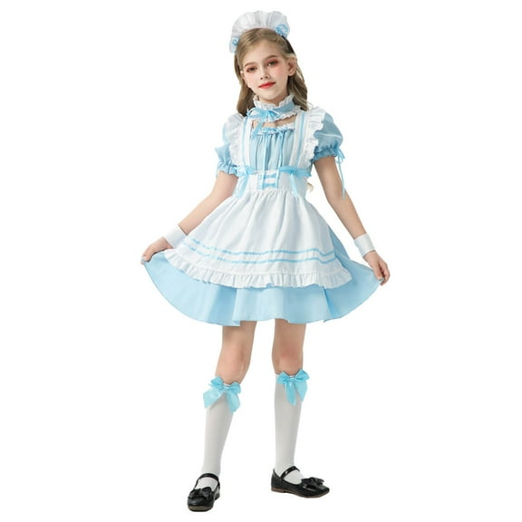 WFJCJPAF 2026 New 2026 Kids 2026 Costumes,Girl's New Pattern Long Sleeves Velvet Retro Court Style Dress - Sky Blue 150