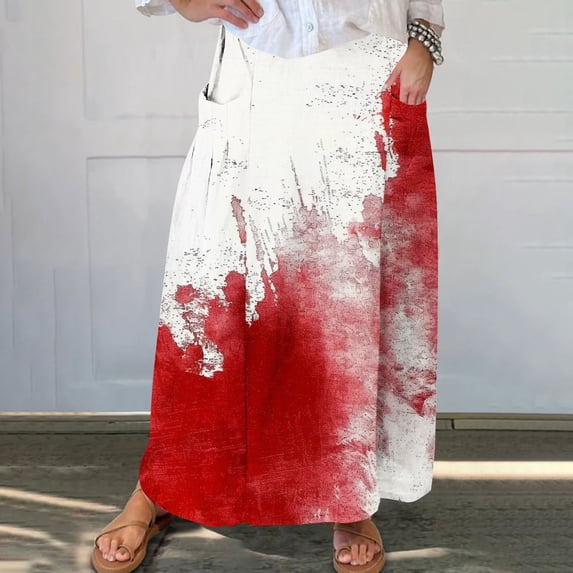 WFJCJPAF 2024 New Halloween Clearance! Long Skirt for Women Elastic Waist,Women's Printed Elastic Waistband Pleated Pocket Skirt With Mid Calf Skirt - Red L