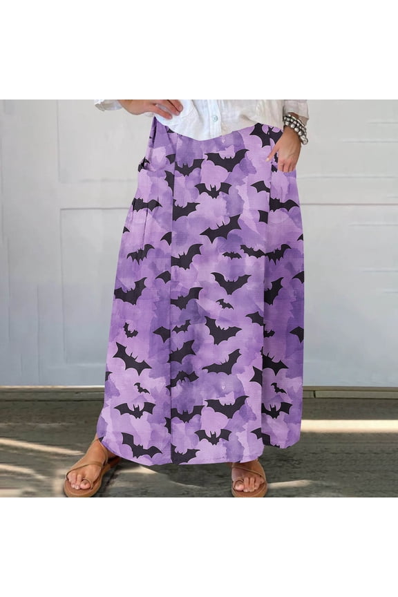 2024 New Halloween Clearance! Long Skirt for Women Open from One Side,Women's Printed Elastic Waistband Pleated Pocket Skirt With Mid Calf Skirt - Blue S