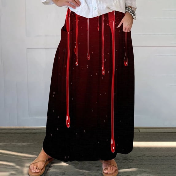 WFJCJPAF 2024 New Halloween ! Long Skirt for Women Open from One Side,Women's Printed Elastic Waistband Pleated Pocket Skirt With Mid Calf Skirt - Red M