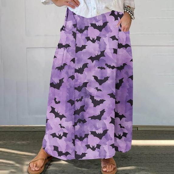 WFJCJPAF 2024 New Halloween Clearance! Long Skirt for Women Open from One Side,Women's Printed Elastic Waistband Pleated Pocket Skirt With Mid Calf Skirt - Blue XL