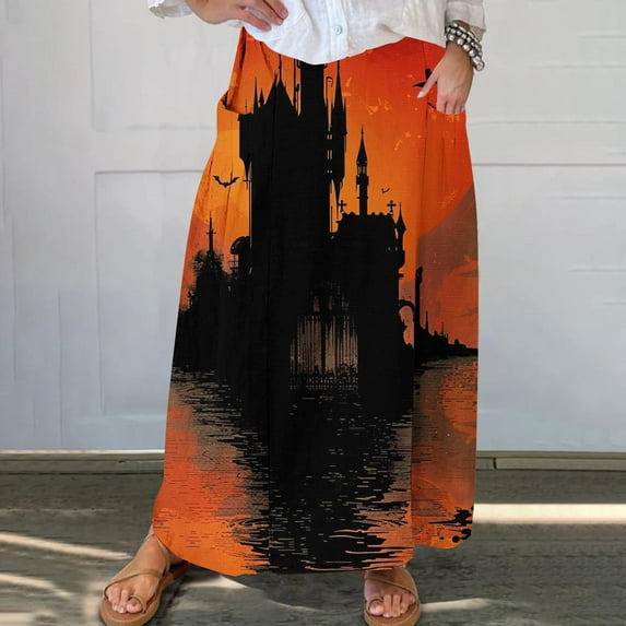 WFJCJPAF 2024 New Halloween Clearance! Long Skirt for Women Planets,Women's Printed Elastic Waistband Pleated Pocket Skirt With Mid Calf Skirt - Orange L