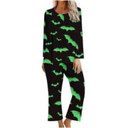 WFJCJPAF 2024 New Halloween Clearance! Pajamas for Women Set,Ladies' Gradient Printed Casual Top Pants Pajama Set - Green S