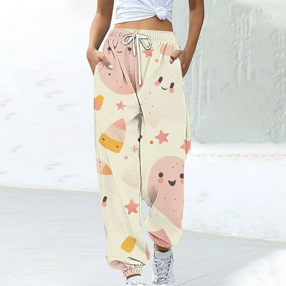 WFJCJPAF 2024 New Halloween ! Pants for Women Jeans,Women Halloween Fashion Color Blocked Printed Drawstring Pants - Beige S