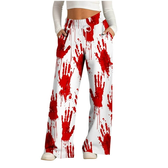 WFJCJPAF 2024 New Halloween ! Pants for Women Plus Size 4X,Women's Fashionable Striped Printed Drawstring Wide Leg Pants - Red XXL