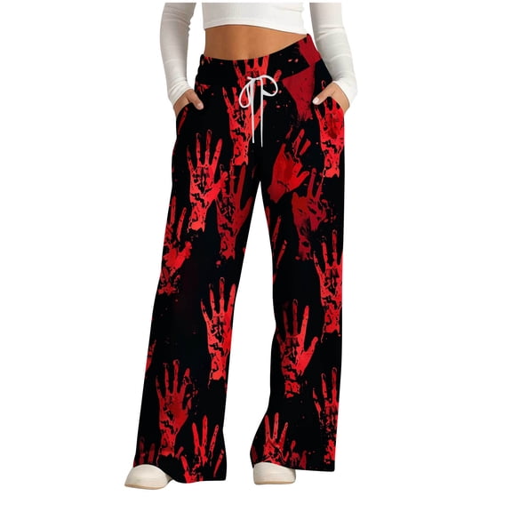 WFJCJPAF 2025 New Halloween Pants for Women Plus Size Elastic Waist,Women's Fashionable Striped Printed Drawstring Wide Leg Pants - Red S