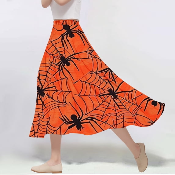WFJCJPAF 2024 New Halloween Clearance! Skirt for Women Clearance under $10.00,Women's Casual Flowers Printed A-line Elastic Waist Skirt - Orange M