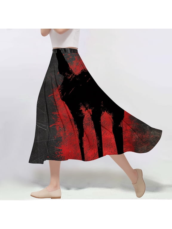 2024 New Halloween Clearance! Skirt for Women Plus Size,Women's Casual Flowers Printed A-line Elastic Waist Skirt - Red XL