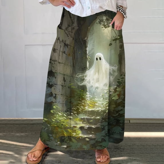 WFJCJPAF 2024 New Halloween ! Women Skirts under $10 Short,Women's Printed Elastic Waistband Pleated Pocket Skirt With Mid Calf Skirt - Black M