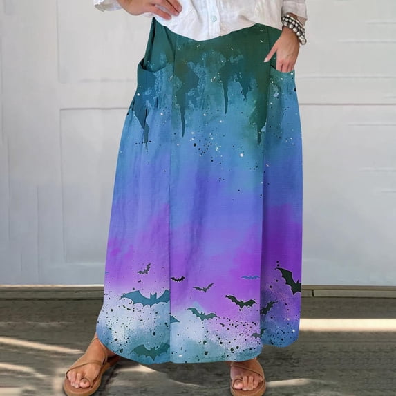 WFJCJPAF 2024 New Halloween Clearance! Women Skirts With Pockets,Women's Printed Elastic Waistband Pleated Pocket Skirt With Mid Calf Skirt - Blue XXL