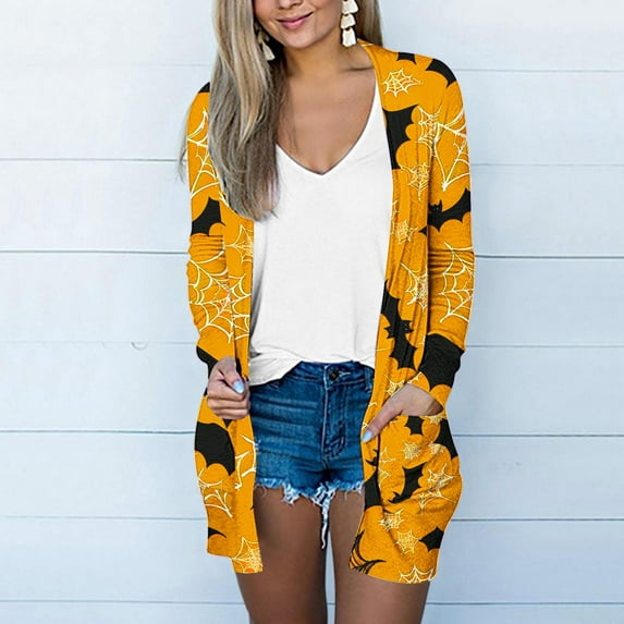 WFJCJPAF 2024 New Halloween Clearance! Womens Halloween Cardigan Sweater,Women's Fashion Halloween Printed Casual Long Sleeved Shirt Cardigan Tops - Yellow XL
