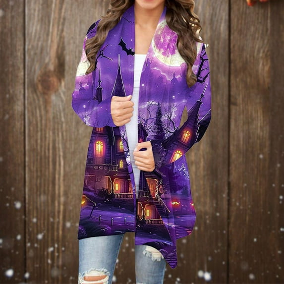 WFJCJPAF 2025 New Halloween Womens Halloween Cardigan Sweater,Women's Halloween Fashion Printed Long Sleeved Cardigan Jacket - Purple XL
