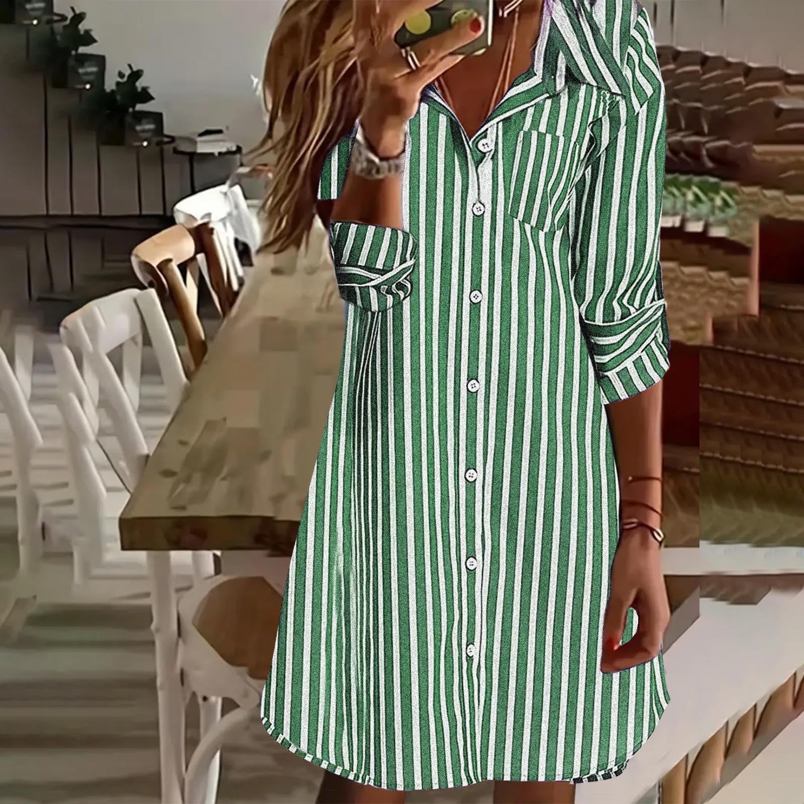 ladies autumn dresses WFJCJPAF 2025 New Product for Women under $10 Plus Size,Ladies' Fashionable Casual Striped Button Up Lapel Dress Slim fit midi dress