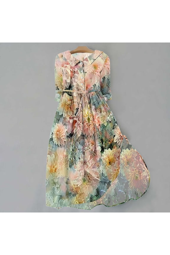 2025 New Product Autumn Dresses for Women under $10 Plus Size,Women's Summer Printed Fashion 3/4 Sleeve Turndown Collar Dress - Pink S