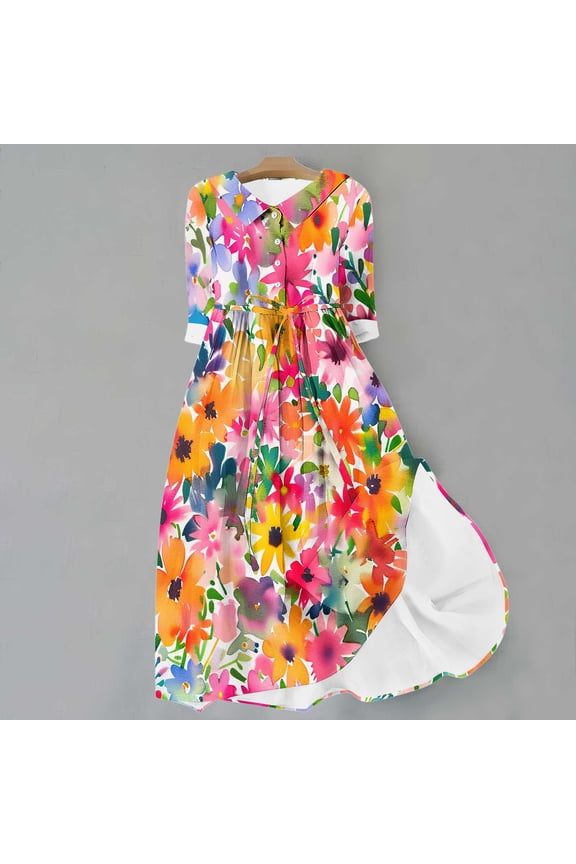 2025 New Product Autumn Dresses for Women under $10 Plus Size,Women's Summer Printed Fashion Three-Quarter Sleeve Turndown Collar Dress - Orange S