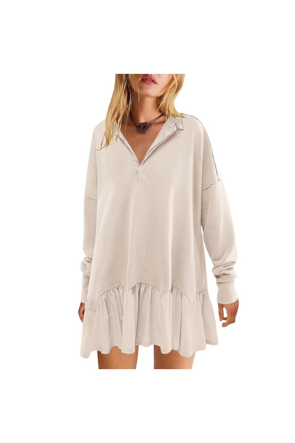 2024 New Product Clearance! Autumn Dresses for Women Clearance under $10 ,Women's Fashionable Long Sleeved Button Up Collared Sweatshirt Dress - Beige M