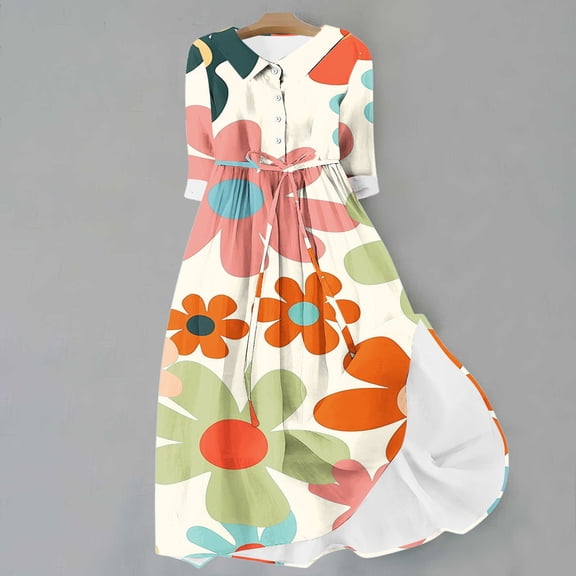 WFJCJPAF 2025 New Product Autumn Dresses for Women under $10 ,Women's Summer Printed Fashion Three-quarter Sleeve Turndown Collar Dress - Orange S