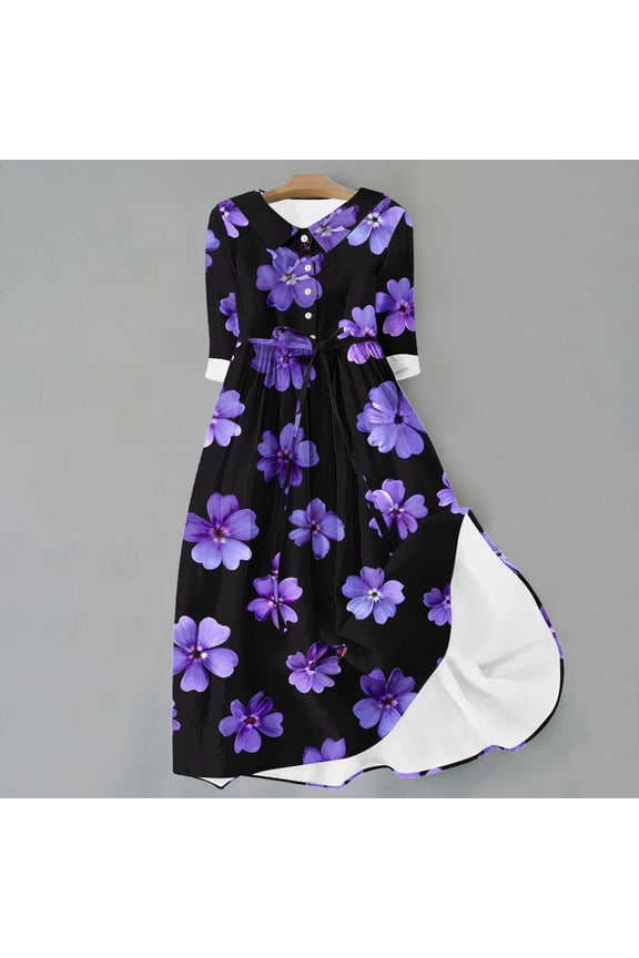 2025 New Product Autumn Dresses for Women Plus Size Sale,Women's Summer Printed Fashion Three-Quarter Sleeve Turndown Collar Dress - Black L