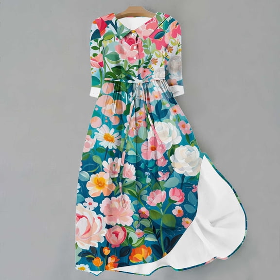 WFJCJPAF 2025 New Product Autumn Dresses for Women with Pockets,Women's Summer Printed Fashion Three-Quarter Sleeve Turndown Collar Dress - Mint Green S