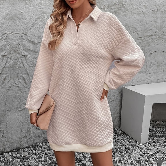 WFJCJPAF 2025 New Product Autumn Dresses for Women,Women Fashion Leisure Splicing Middle-Waisted Solid Long Sleeved Lapel Collar Dress - Beige M