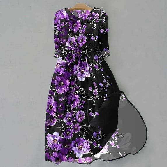 WFJCJPAF 2025 New Product Autumn Dresses for Women Plus Size,Women's Summer Printed Fashion 3/4 Sleeve Turndown Collar Dress - Purple M