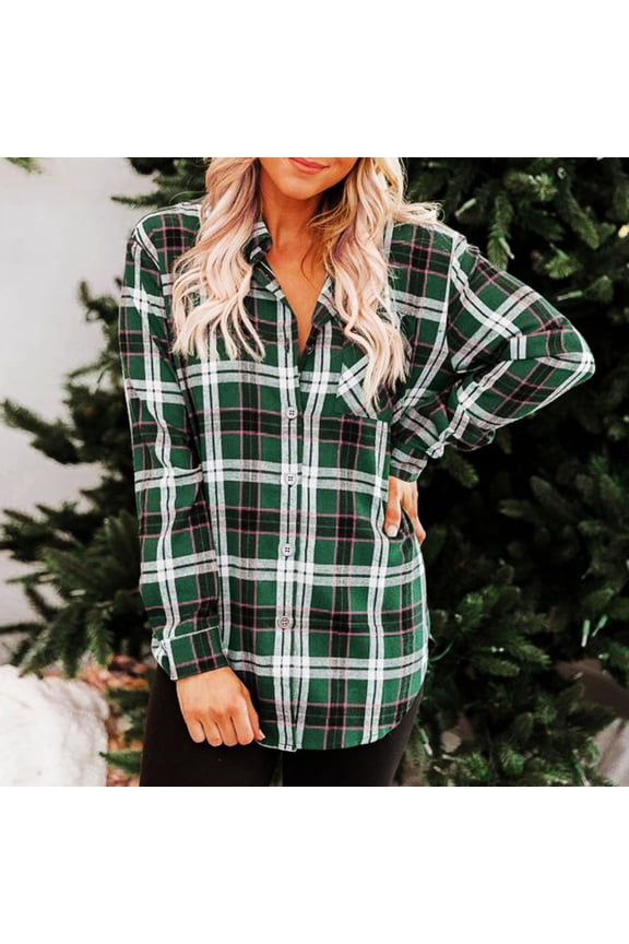 2025 New Product Blouses for Women $5,Women Bottton Plaid Spring And Fall Fashion Loose Cardigan Blouse Top - Army Green S
