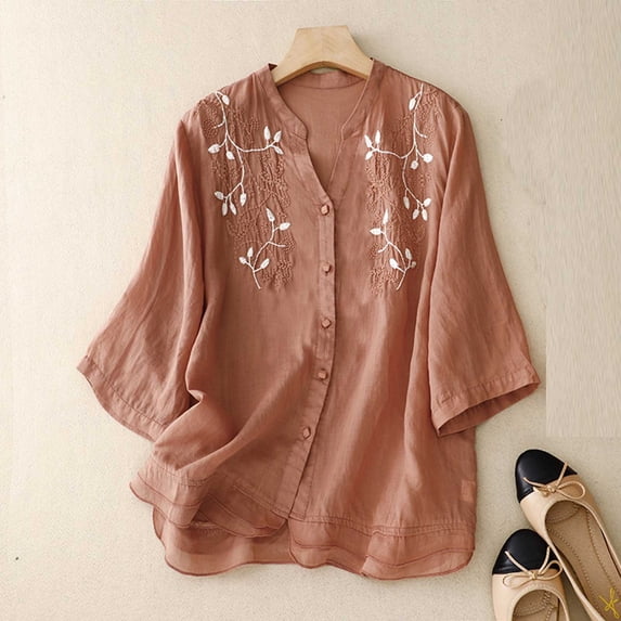 WFJCJPAF 2024 New Product Clearance! Blouses for Women Long Sleeve Clearence,Women's Round Neck Printed Loose Shirt With Three Quarter Sleeves Top - Orange L