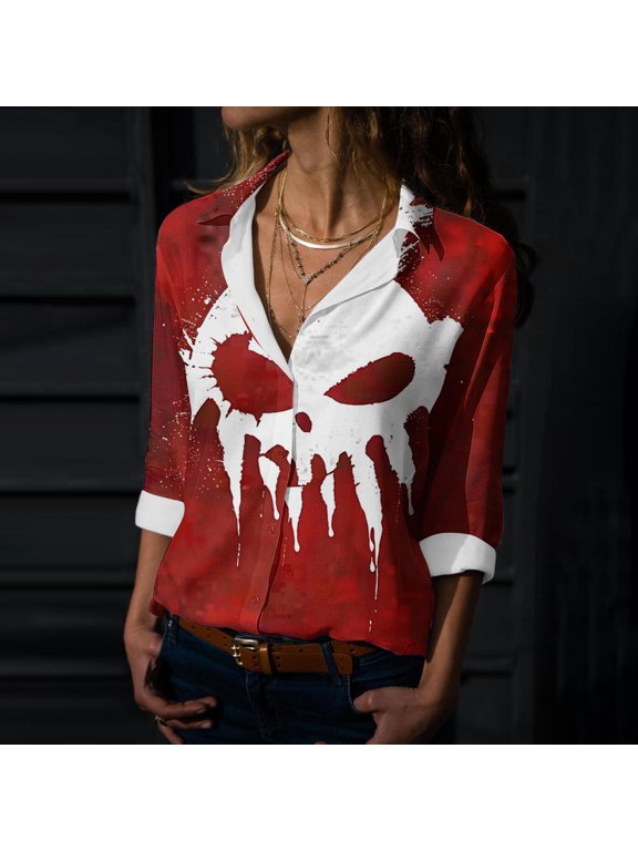 2025 New Product Blouses for Women Long Sleeve Plus Colar,Women's Hallowmas Printed Casual Button Shirt Long Sleeved Turndown Collar Blouse - Red XL