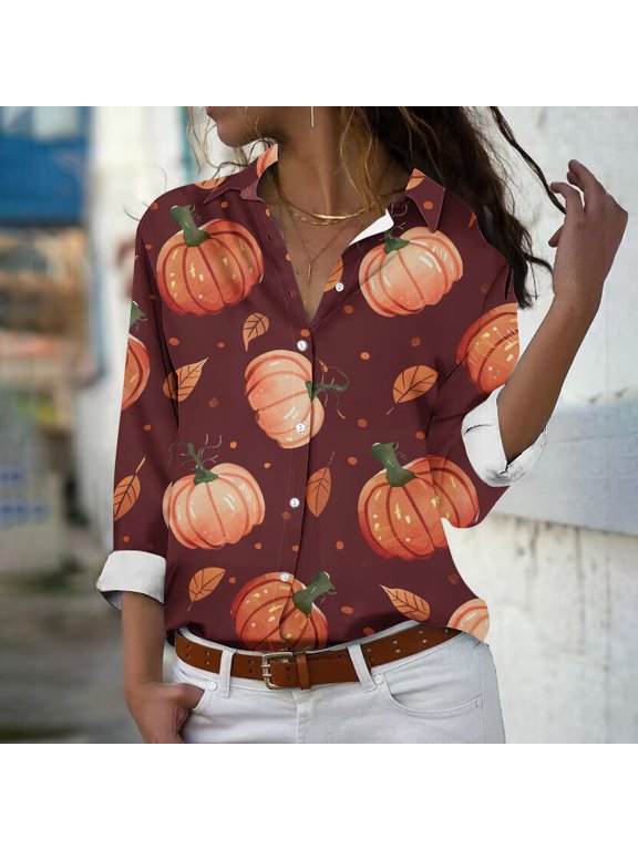 2025 New Product Blouses for Women Long Sleeve,Women's Halloween Long Sleeved Regular Casual Orange Series Printed Lapel Button Up Shirt - Wine M
