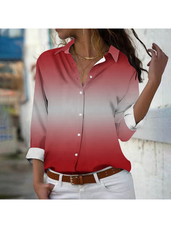 2025 New Product Blouses for Women Long Sleeve,Women's Long Sleeved Regular Casual Orange Series Printed Lapel Button Up Shirt - Red S