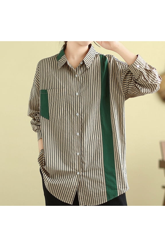 2025 New Product Blouses for Women Long Sleeve Y Neck,Ladies Striped Long Sleeved Casual Loose Shirt Long Sleeved Lapel Shirt - Green M
