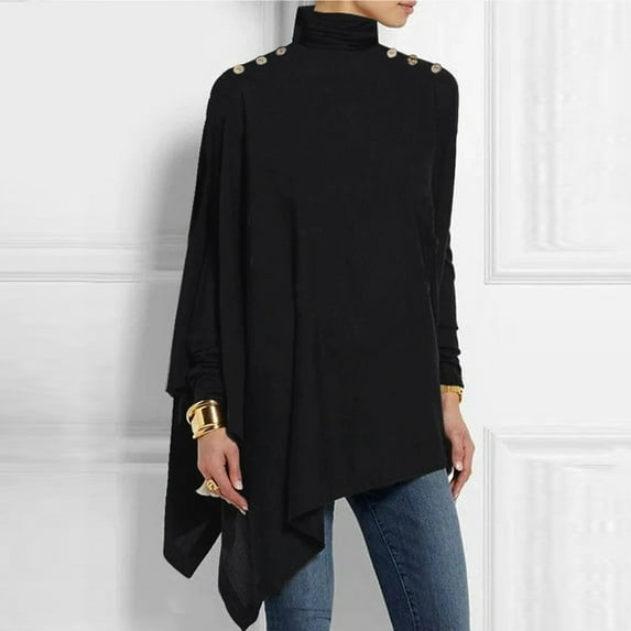 WFJCJPAF 2024 New Product Clearance! Blouses for Women Plus Size 3/4,Fashion Women Casual Solid Long Sleeve Turtleneck Blouse Ladies Tops Shirts Irregular - Black XXXL