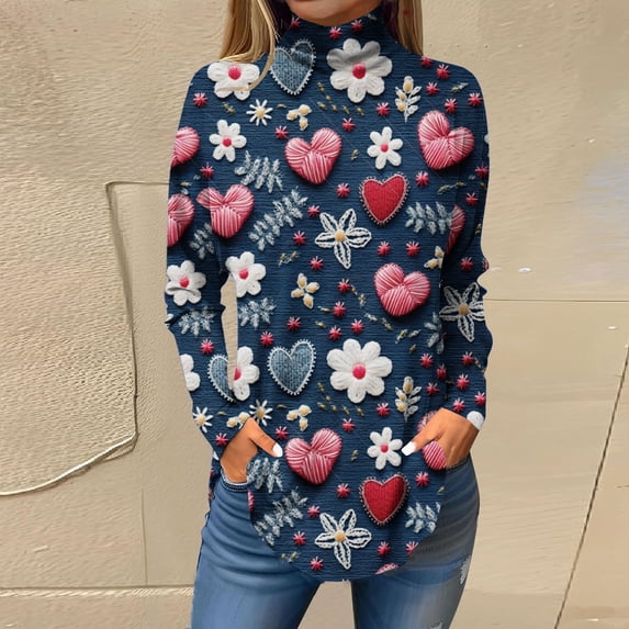 WFJCJPAF 2025 New Product Blouses for Women Plus Size $5,Women Off Shoulder Sleeves Long Sleeve Printed High Neck Top T-shirt - Navy XL