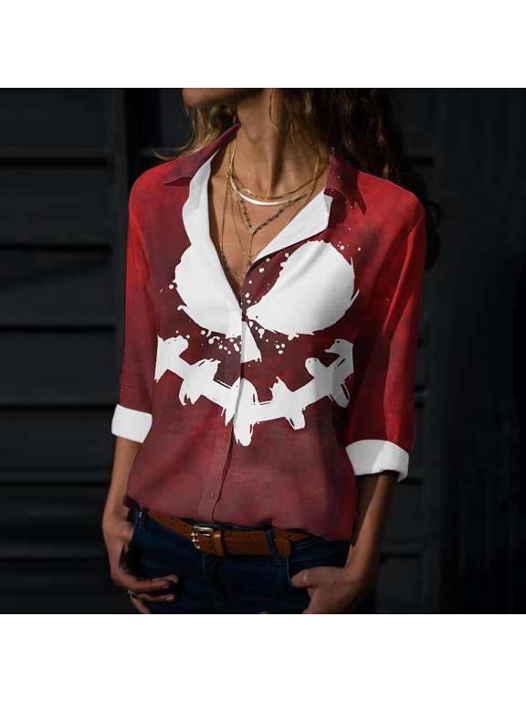 2025 New Product Blouses for Women Plus Size $5,Women's Hallowmas Printed Casual Button Shirt Long Sleeved Turndown Collar Blouse - Red S
