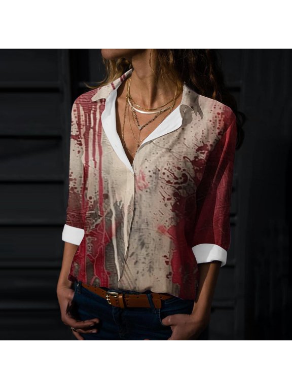 2025 New Product Blouses for Women Plus Size ,Women's Hallowmas Printed Casual Button Shirt Long Sleeved Turndown Collar Blouse - Red XL