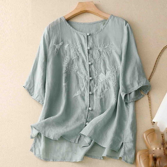 WFJCJPAF 2025 New Product Blouses for Women Plus Size ,Women's Round Neck Button Printed Loose Shirt With Three Quarter Sleeves Top - Green XXL