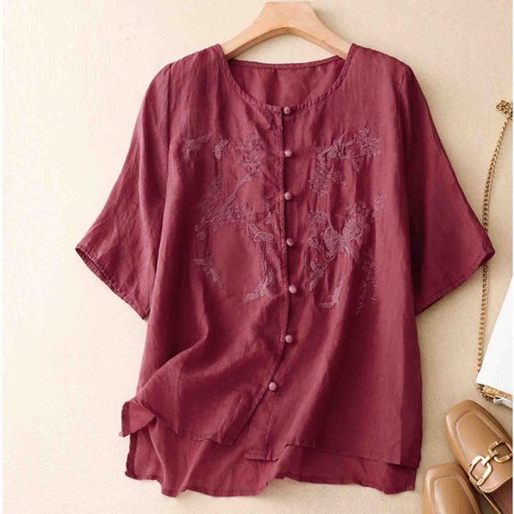 WFJCJPAF 2025 New Product Blouses for Women Plus Size ,Women's Round Neck Button Printed Loose Shirt With Three Quarter Sleeves Top - Hot Pink M