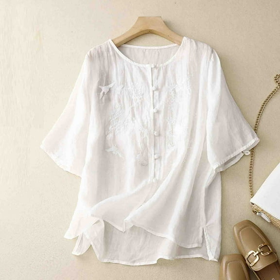 WFJCJPAF 2025 New Product Blouses for Women Plus Size ,Women's Round Neck Button Printed Loose Shirt With Three Quarter Sleeves Top - White XL