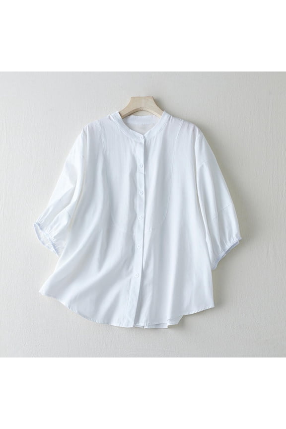2025 New Product Blouses for Women Plus Size ,Women's Solid Color 3/4 Sleeved Stand-Up Collar Blouses Loose Button Up Top - White Free Size