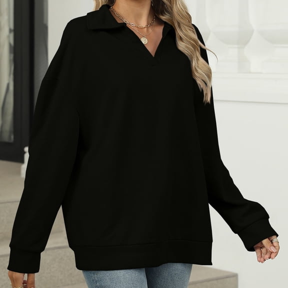WFJCJPAF 2025 New Product Blouses for Women Plus Size ,Women's Solid Color Lapel Loose Long Sleeve Sweatshirt Long Sleeve Lapel Top - Black XXL