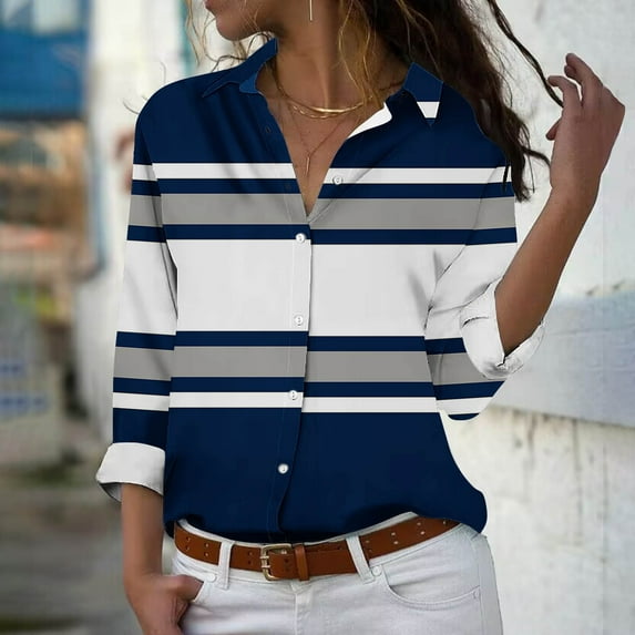 WFJCJPAF 2024 New Product ้?Blouses for Women Plus Size Pink,Women's Long Sleeved Regular Casual Orange Series Printed Lapel Button Up Shirt - Navy S