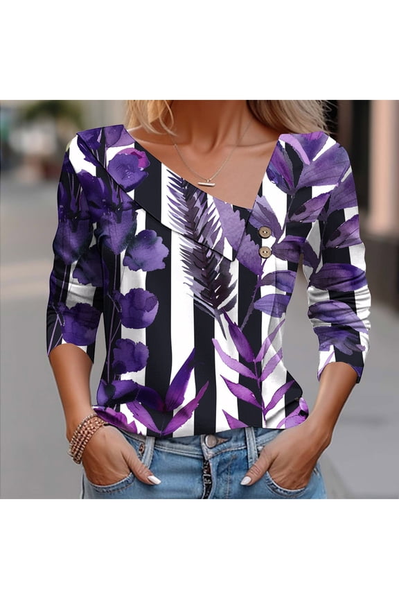 2025 New Product Blouses for Women Plus Size Purple,Women's Fashion Casual Printed Button-Up Blouse T-shirt Long Sleeves Tops Blouse - Purple L