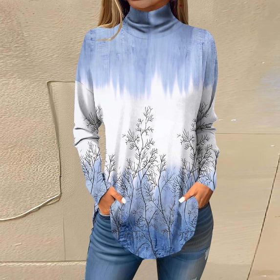 WFJCJPAF 2025 New Product Blouses for Women Plus Size ,Women's Long Sleeve Printed High Neck Top T-shirt - Light Blue S